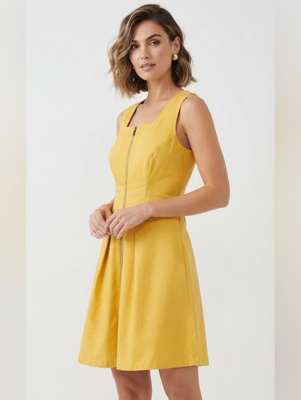 Cue Australia Yellow Zip-Front Sleeveless Fit & Flare Dress Size 4(US) 8(AU)